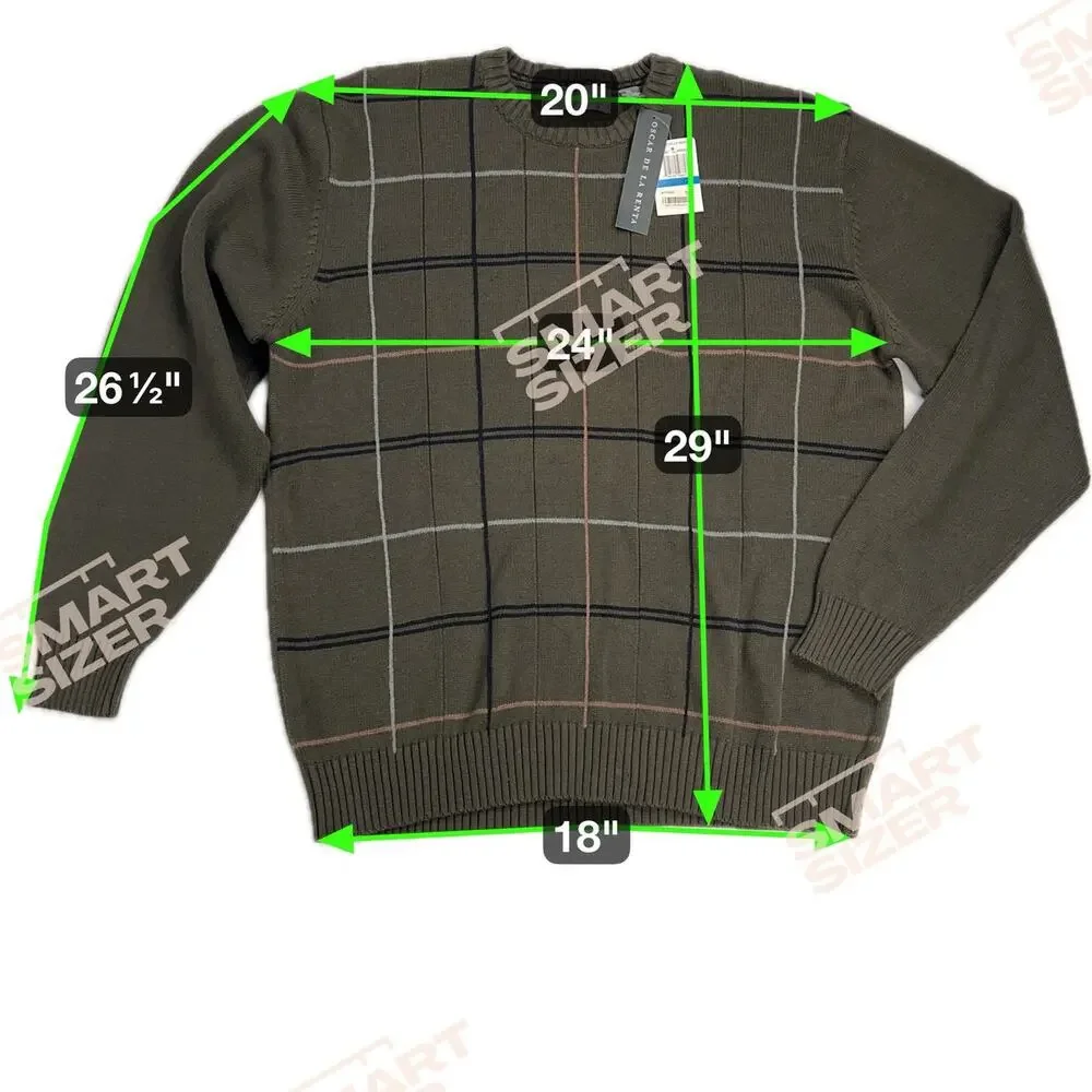 Oscar de la Renta Green Windowpane Crew Neck Sweater 100% Cotton Size XL